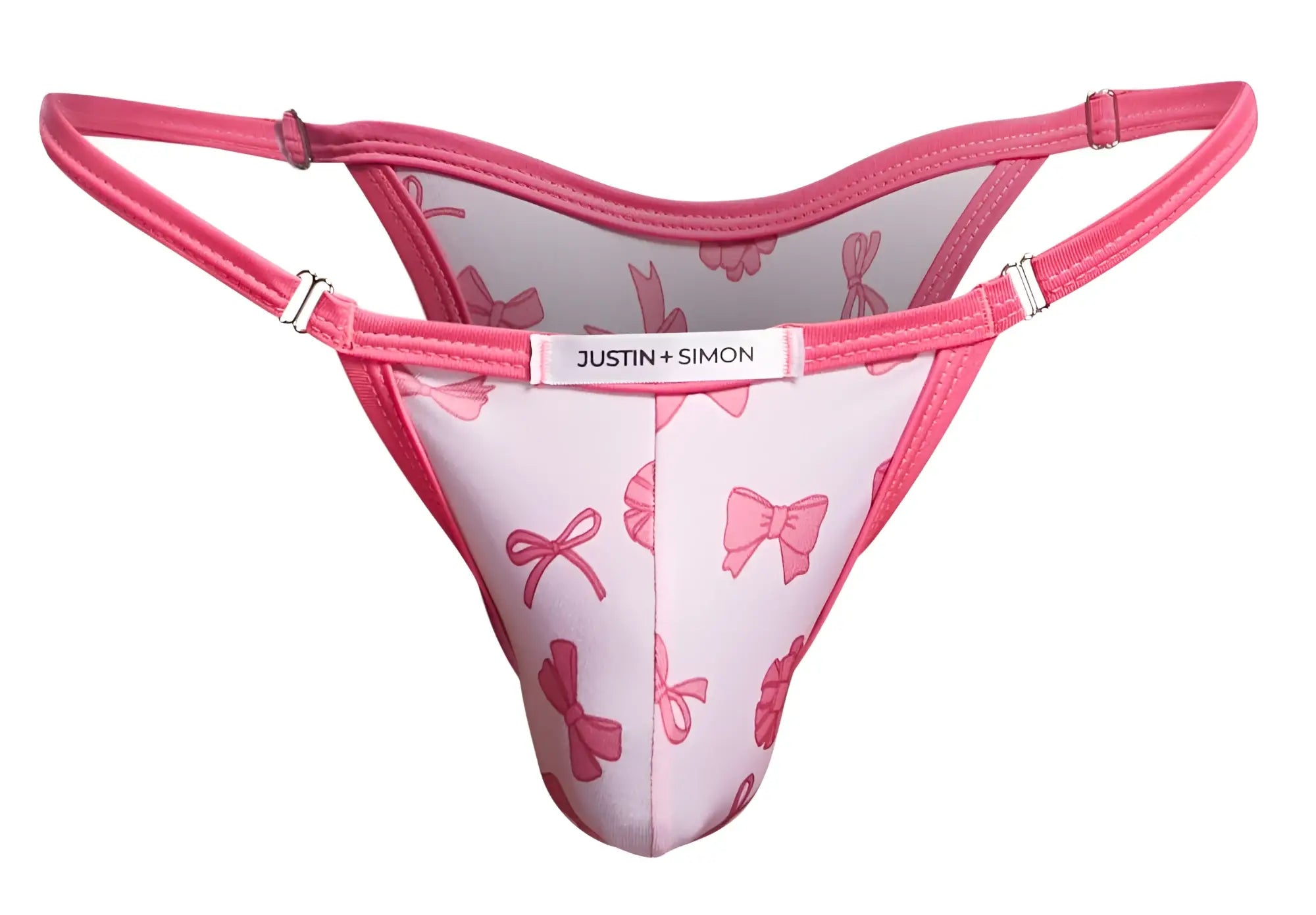 Pink bow-patterned thong by justin + simon from the xsj12 bikini color coquette collection front view