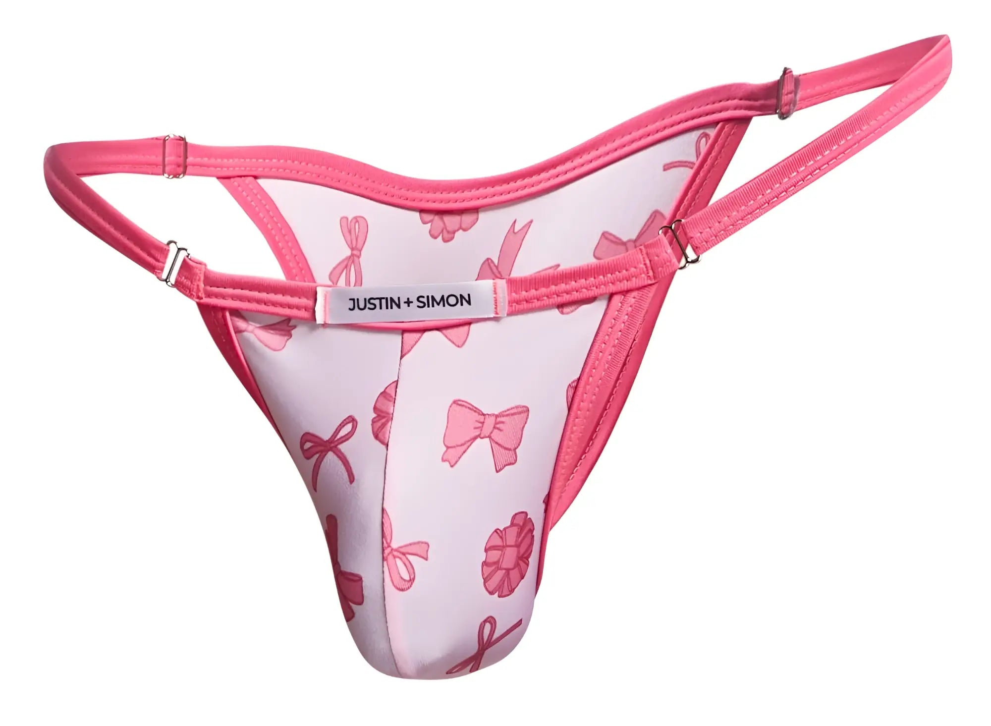 Pink bow-patterned thong bikini by justin + simon in coquette color for stylish swimwear use
