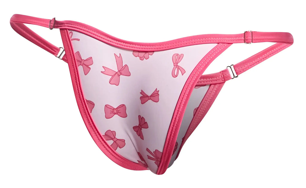 Pink bow patterned thong bikini with matching pink trim and adjustable straps from justin+simon xsj12 coquette collection