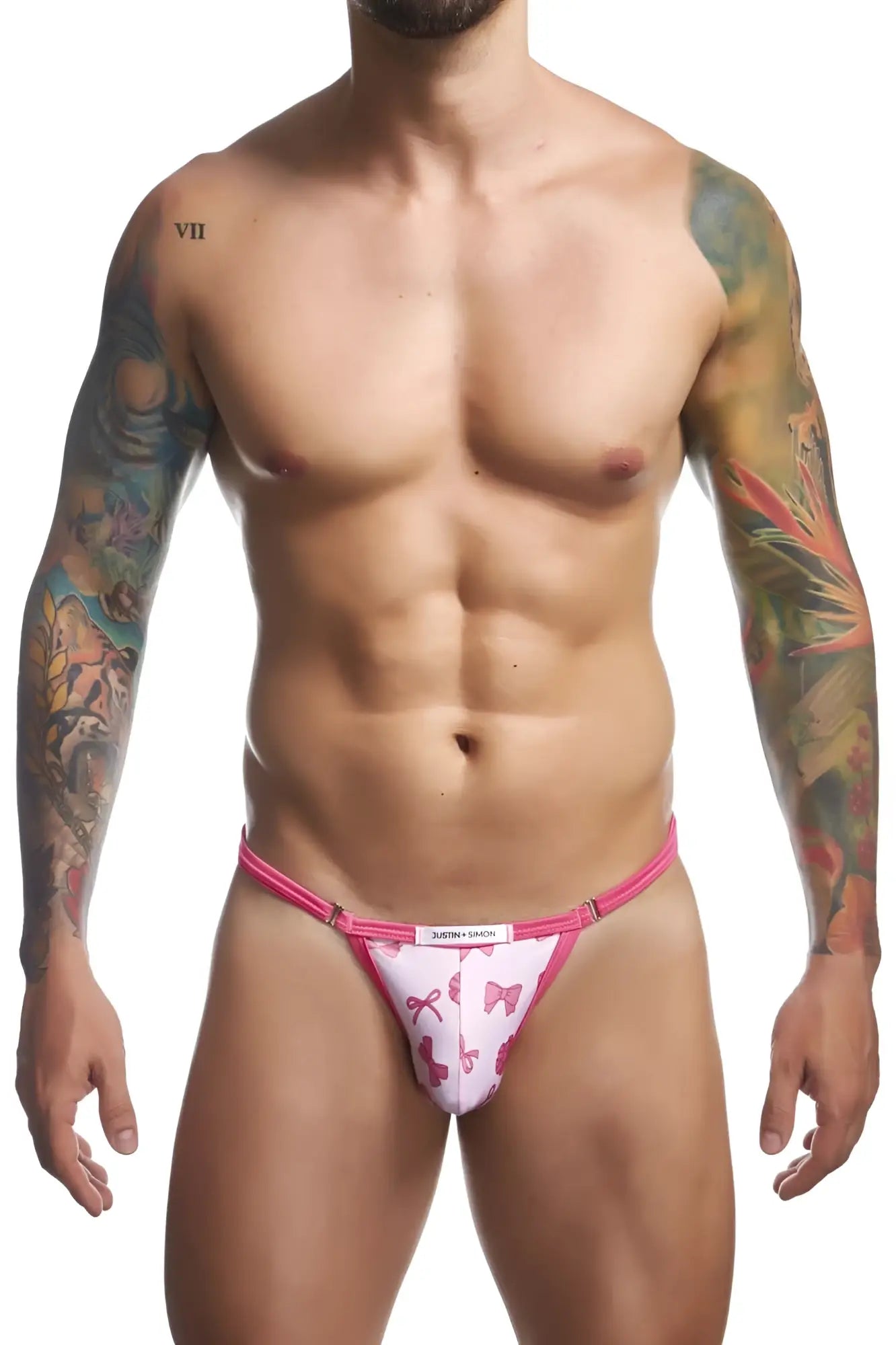 Justin Simon XSJ12 bikini color coquette pink and white patterned men’s briefs with pink bow designs front view