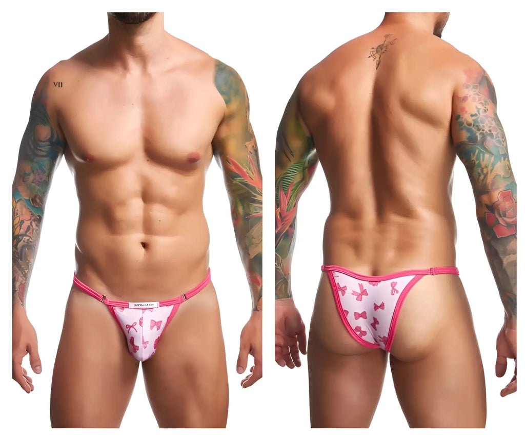 Pink and white patterned thong bikini with pink ribbon motifs from JUSTIN SIMON XSJ12 bikini color coquette collection
