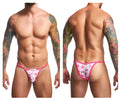 Pink and white patterned thong bikini with pink ribbon motifs from JUSTIN SIMON XSJ12 bikini color coquette collection