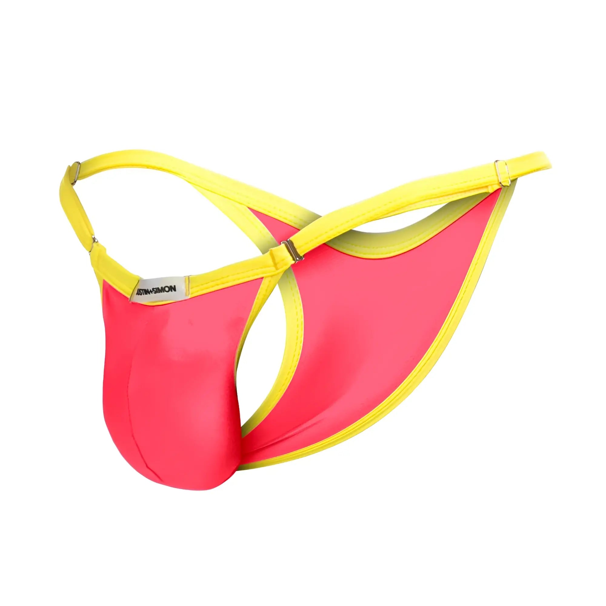 Bright pink and yellow men’s thong bikini in shiny stretchy fabric from justin simon xsj12 coral collection