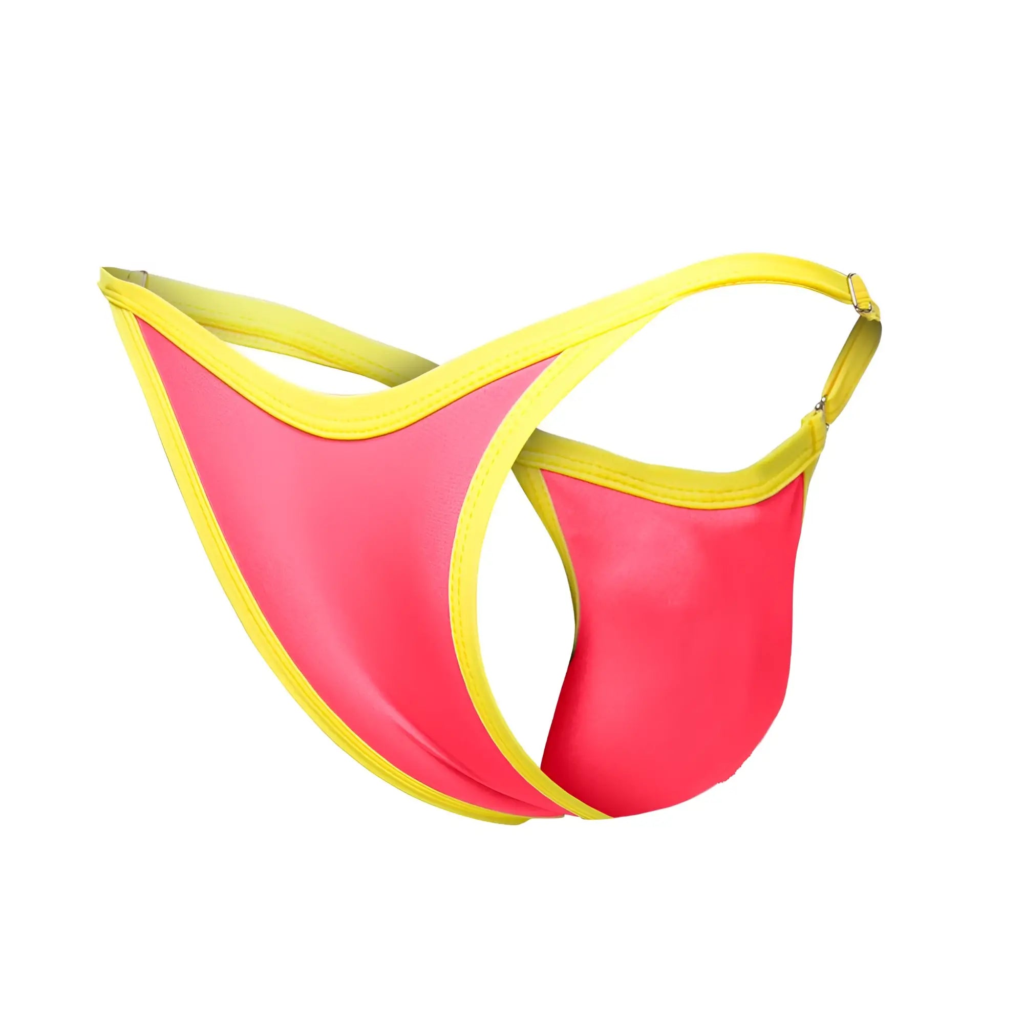 Justin simon xsj12 bikini thong in coral with vibrant pink and yellow glossy stretchy fabric finish front view