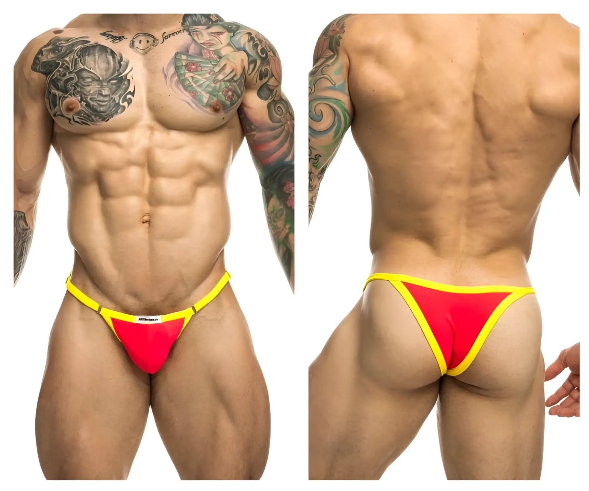 Justin simon xsj12 bikini briefs in vibrant coral red and yellow with bold contrasting trim for athletic wear
