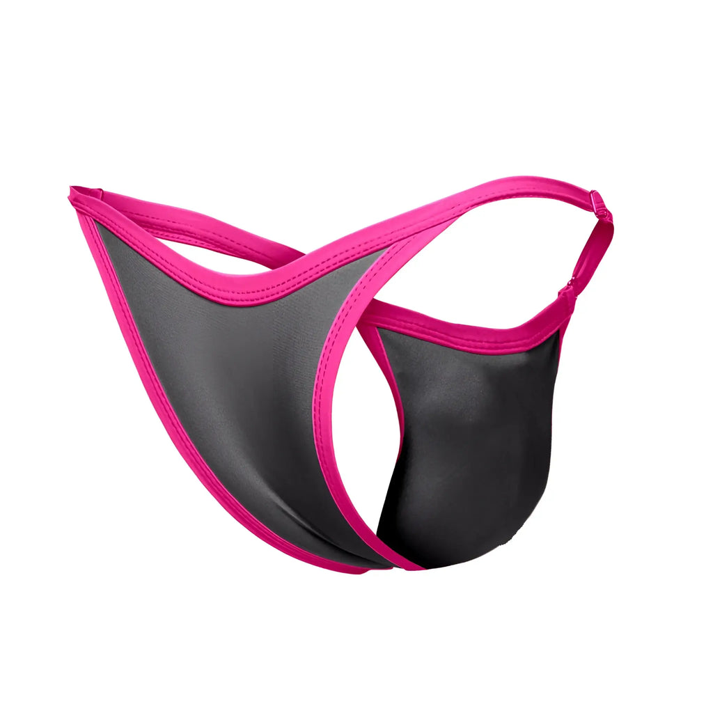 Black and pink thong bikini from JUSTIN SIMON XSJ12 in shiny smooth material shown from the back side