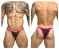 Black and pink thong bikini with a small white Justin Simon brand tag on the front in gray one color XSJ12 style