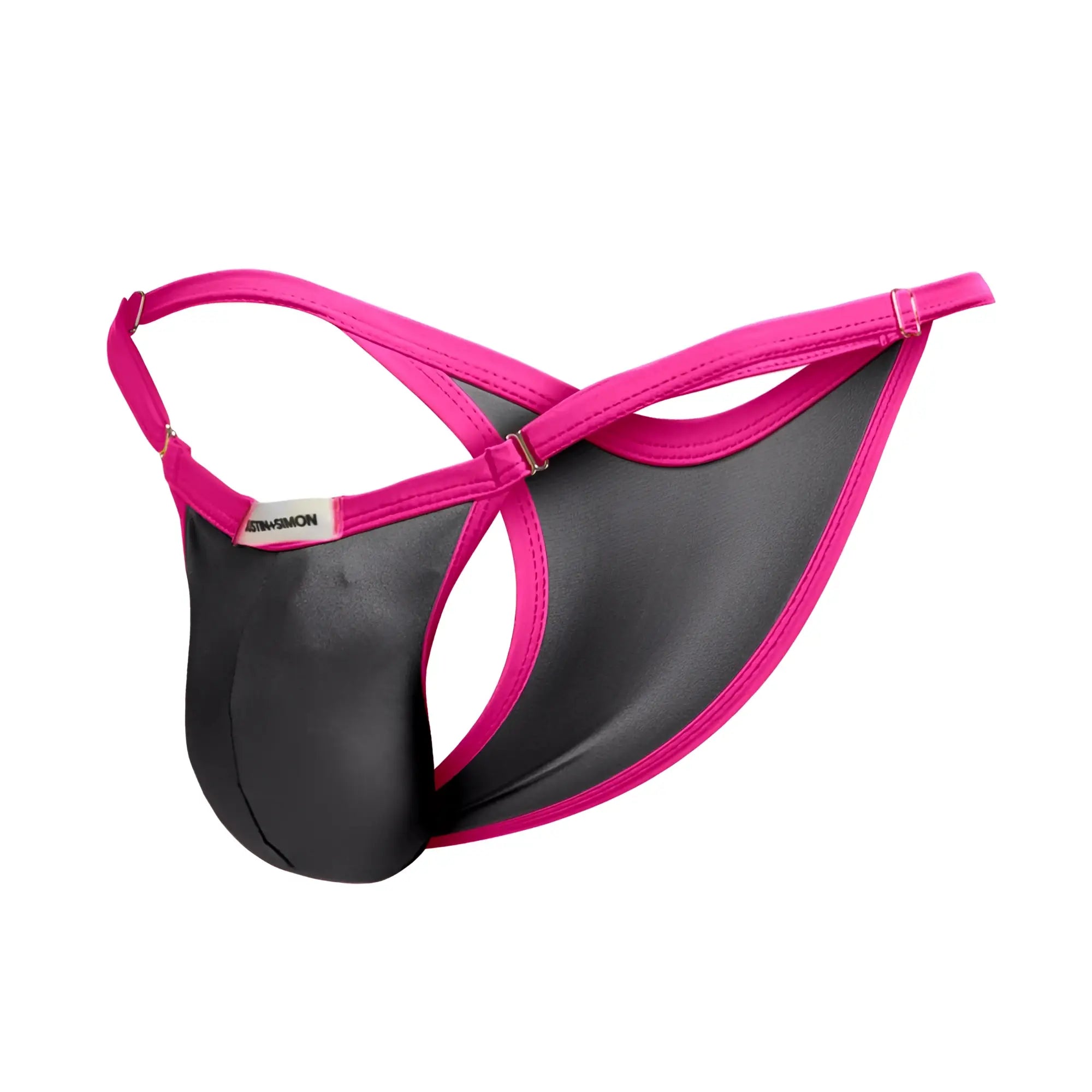 A vibrant pink and black men’s thong with satin finish and adjustable straps from justin simon xsj12 bikini gray collection