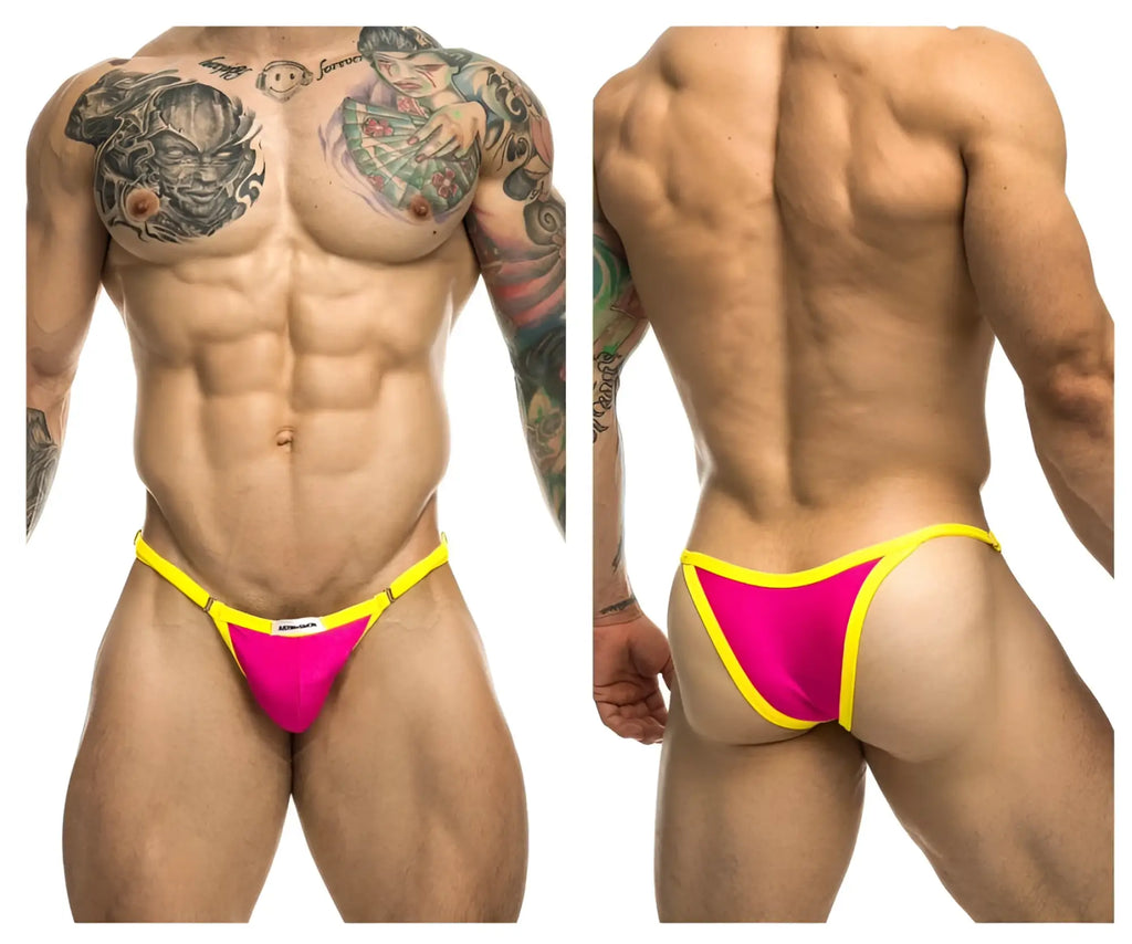 Justin simon xsj12 bikini thong in bright pink and yellow with a sleek form fitting design