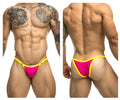 Justin simon xsj12 bikini thong in bright pink and yellow with a sleek form fitting design