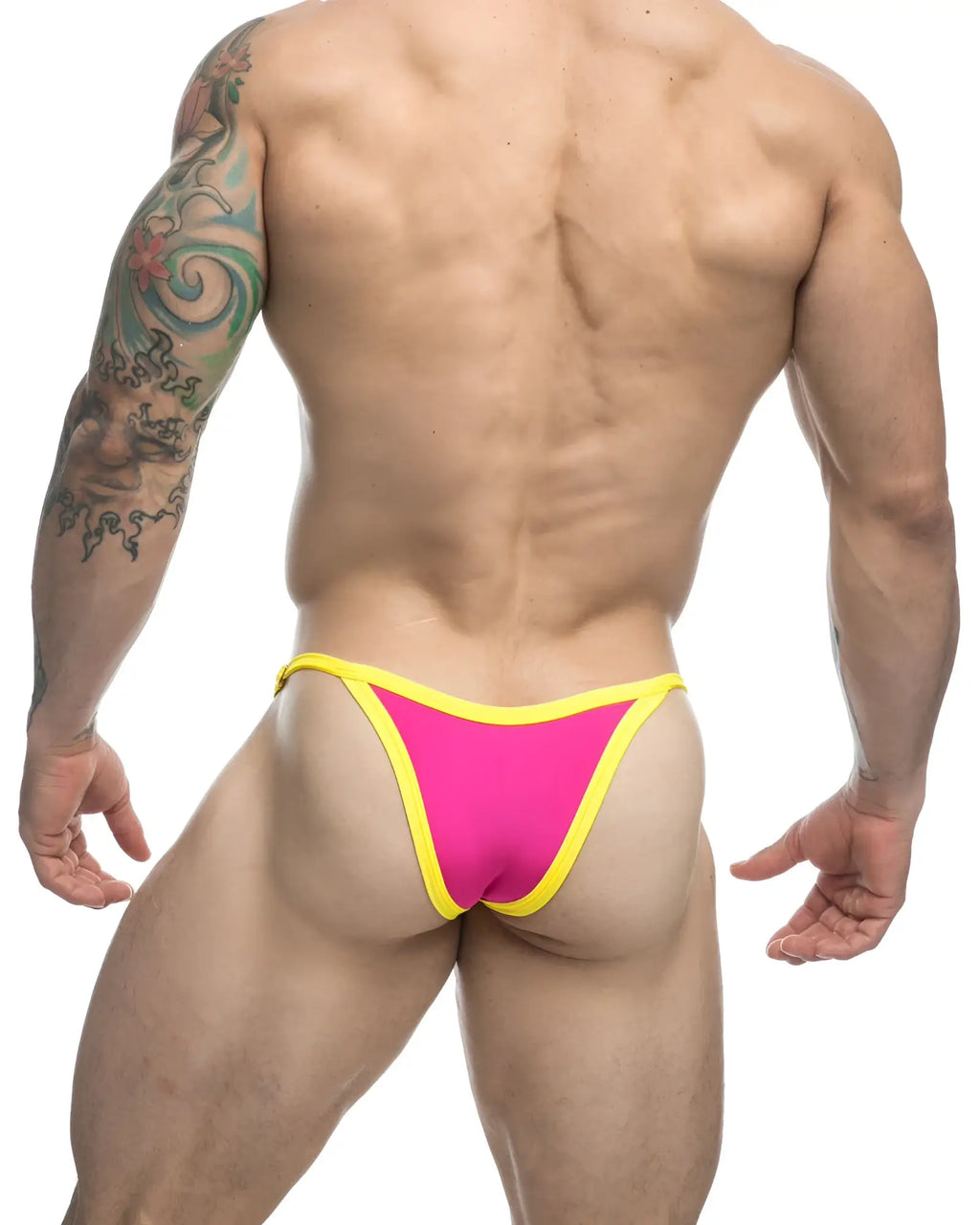 Justin+Simon XSJ12 bikini bright pink and yellow thong with a snug, form-fitting design for a bold look