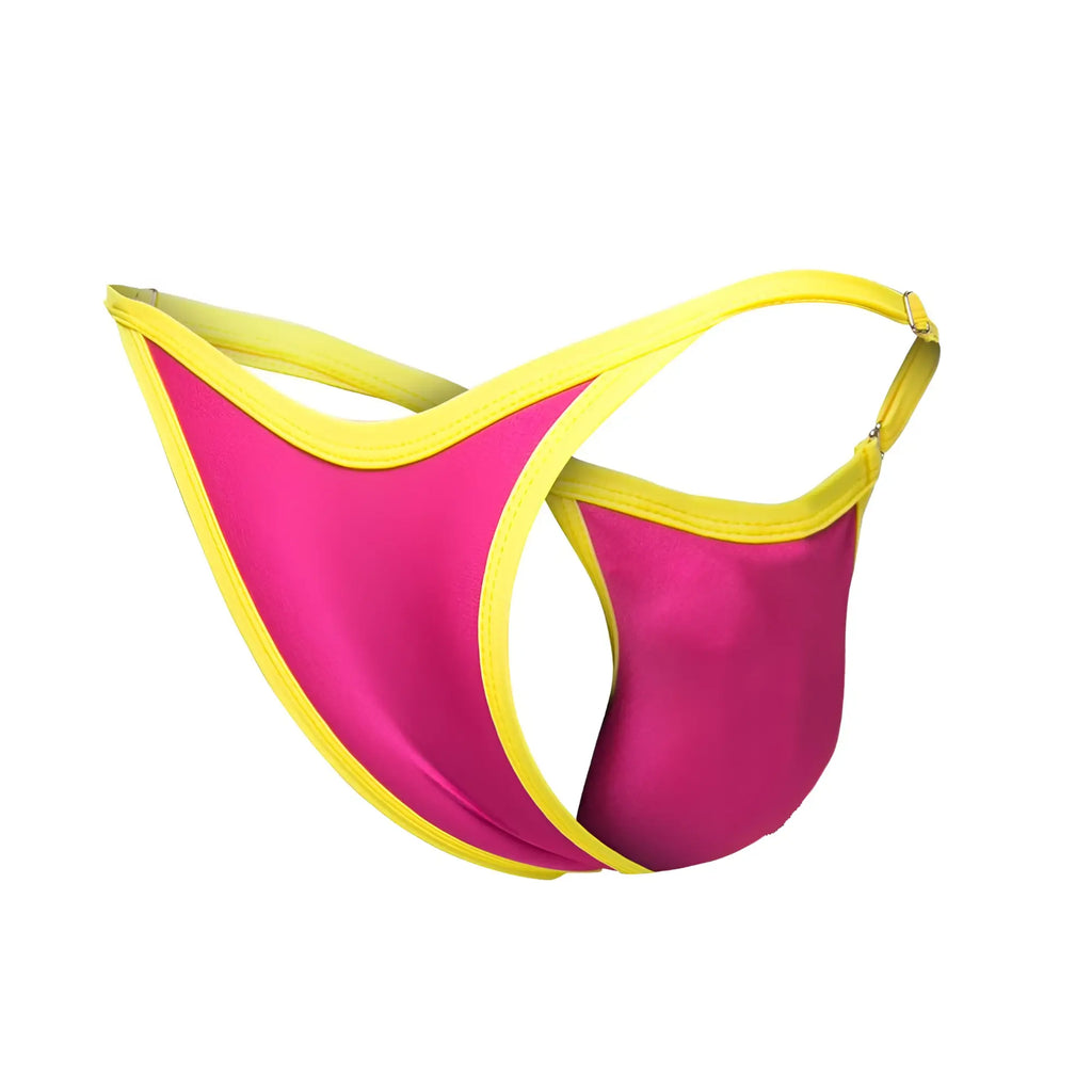 Justin simon xsj12 bikini thong in vibrant fuchsia and yellow with sleek satin finish in hot pink color