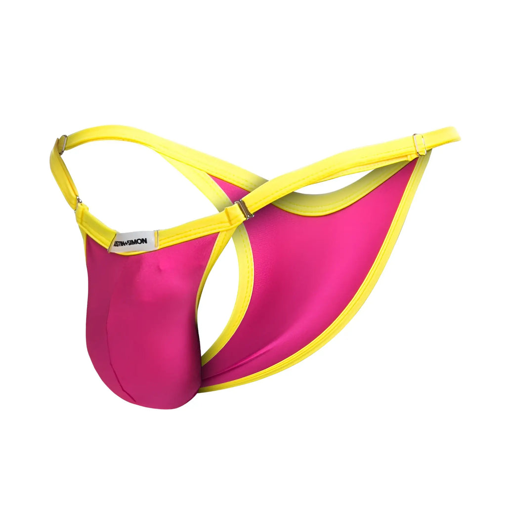 Vibrant pink and yellow men’s thong with sleek satin finish from justin simon xsj12 bikini one color hot pink collection