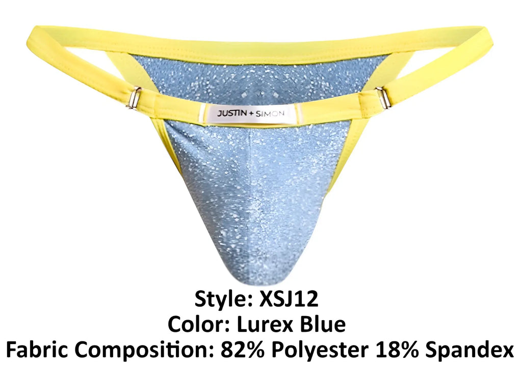 Lurex blue glittery thong bikini with bright yellow elastic straps and justin plus simon brand label