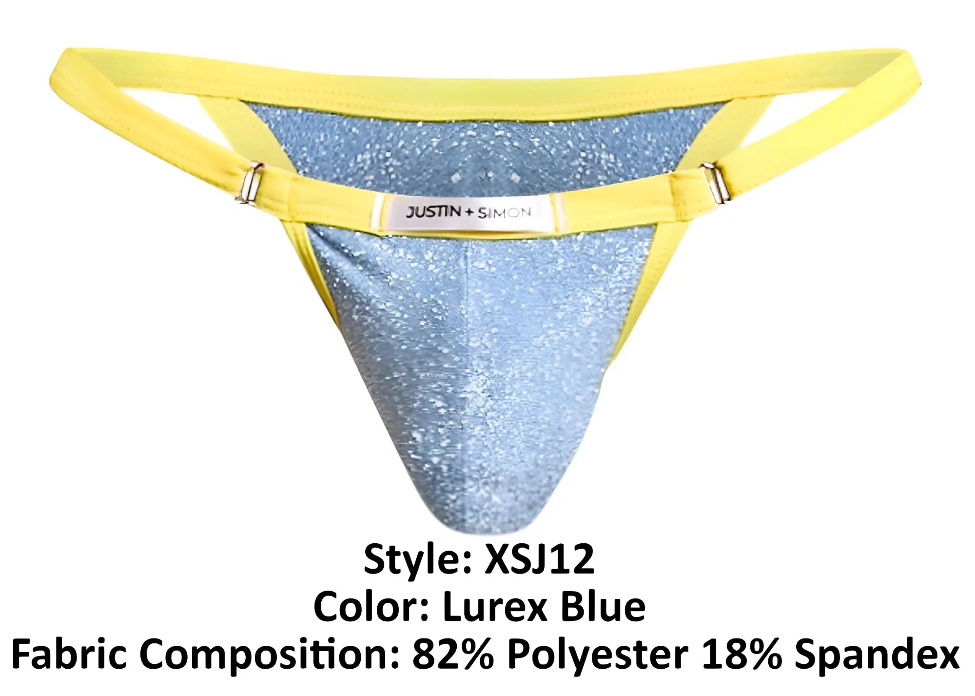 Lurex blue glittery thong bikini with bright yellow elastic straps and justin plus simon brand label