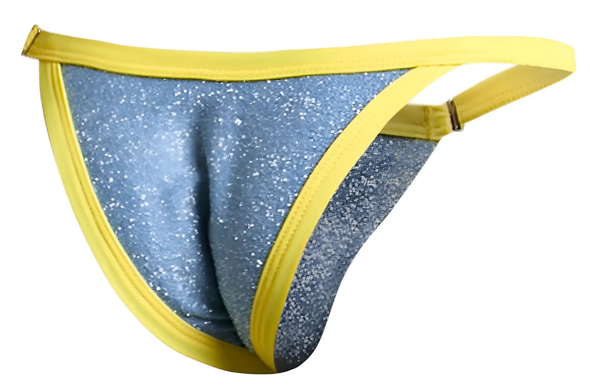 Blue glittery thong bikini with bright yellow trim and elastic waistband by JUSTIN+SIMON model XSJ12