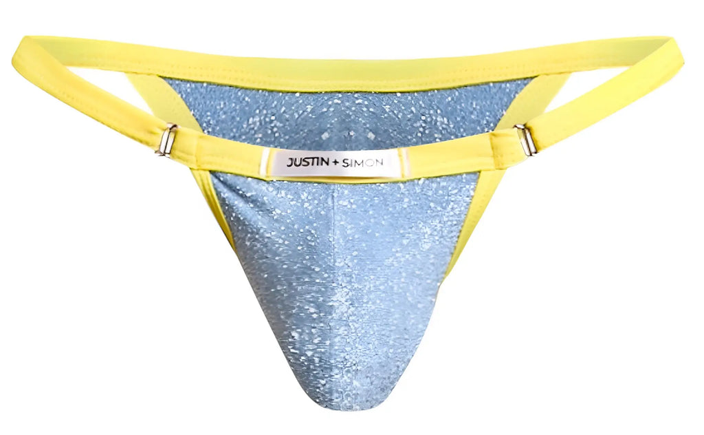 A shimmering light blue glittery lurex bikini thong with bright yellow elastic straps and justin plus simon tag