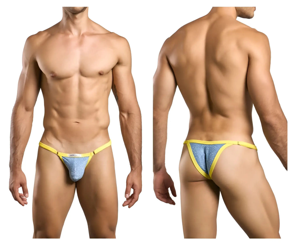 Blue and yellow justin simon xsj12 bikini briefs with textured lurex fabric designed for athletic use
