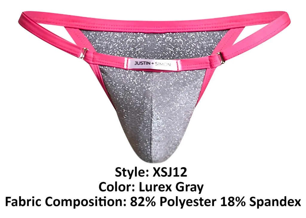 Justin plus Simon XSJ12 bikini lurex gray gray glittery thong with vibrant pink trim and branded label visible