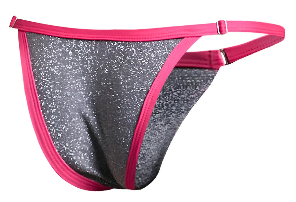 Justin simon xsj12 bikini lurex gray sparkly gray thong with pink trim metallic sheen and adjustable side straps