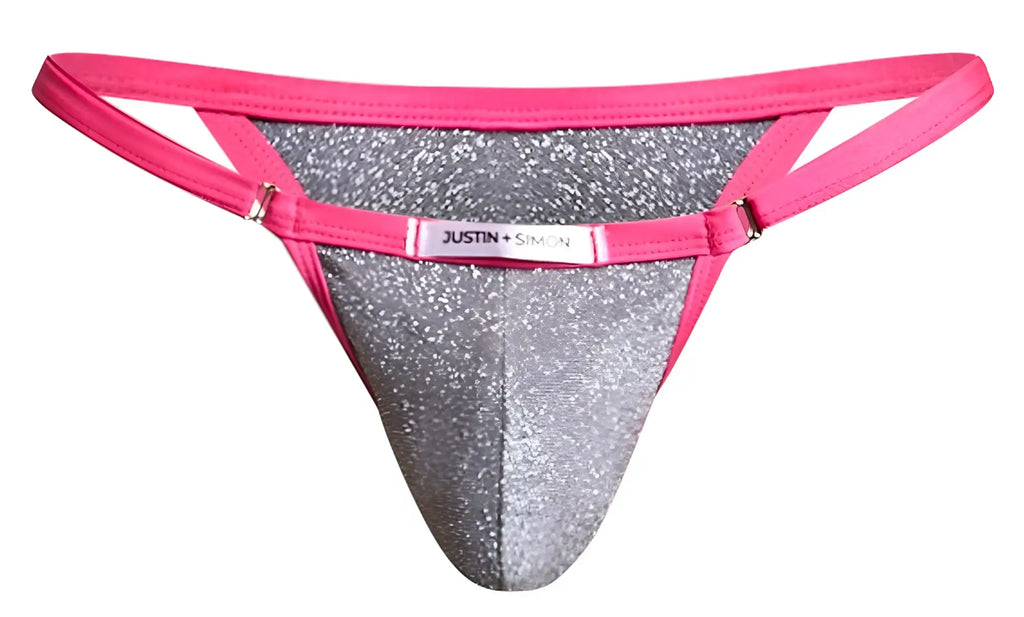 A vibrant pink and silver glitter thong bikini with sleek modern design from JUSTIN+SIMON XSJ12 Lurex gray collection