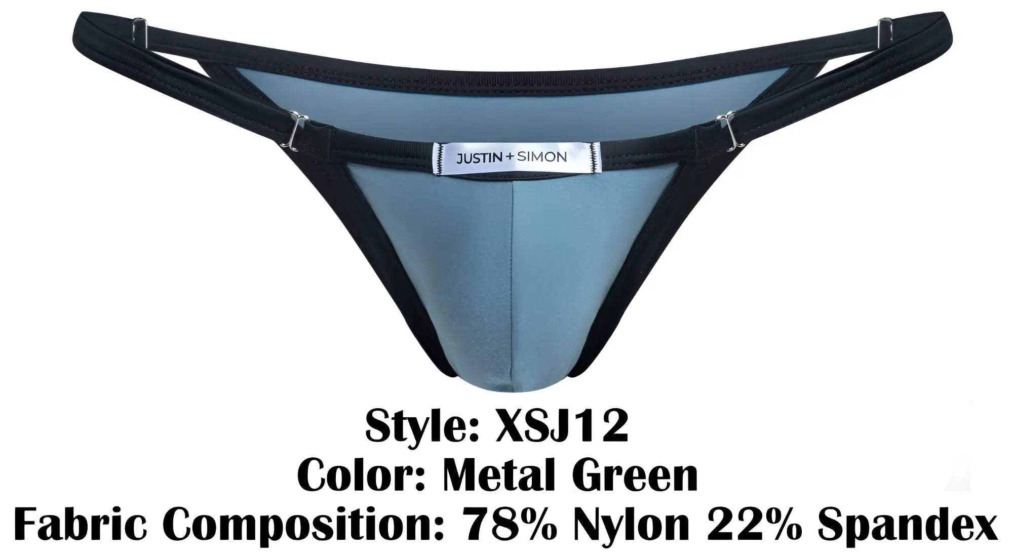 Metal green bikini thong with black trim and silver justin plus simon label in xsj12 bikini color metal green