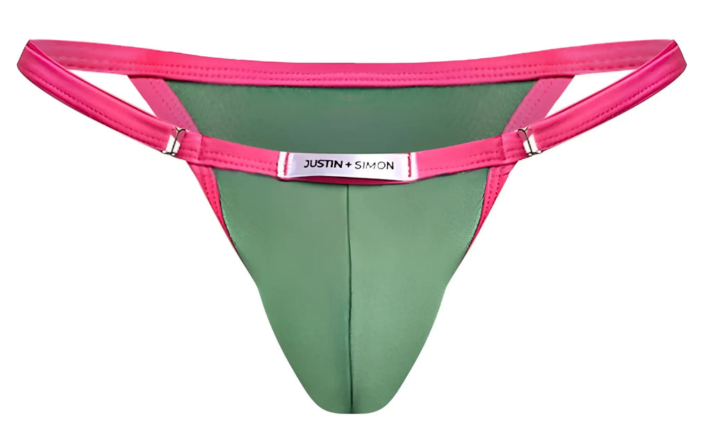 Bright pink and green thong bikini with silver-toned justin simon brand tag on waistband for stylish swimwear