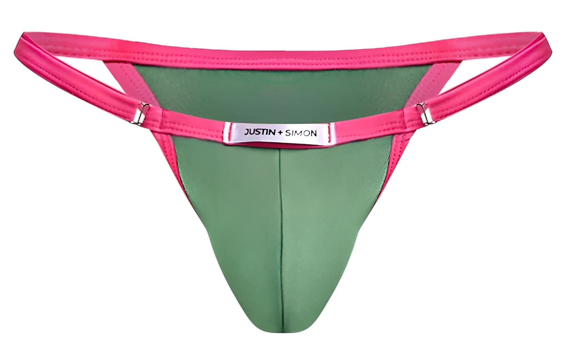 Bright pink and green thong bikini with silver-toned justin simon brand tag on waistband for stylish swimwear
