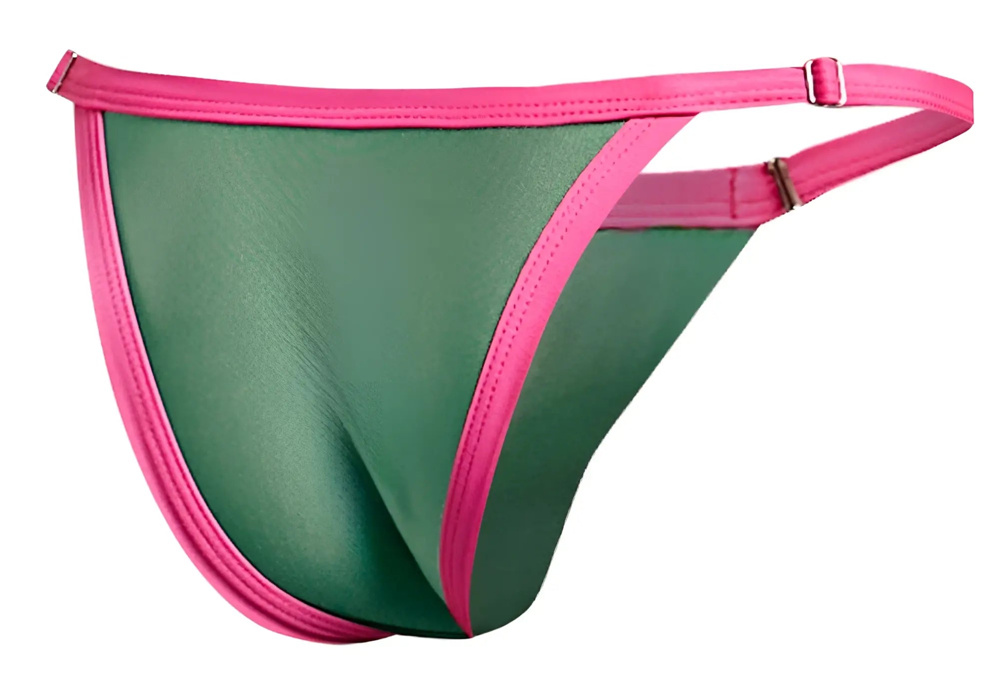 Green and pink JUSTIN+SIMON XSJ12 bikini thong with shiny stretchy fabric and bright pink trim along the edges