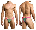 Green and pink thong bikini with small white logo on front band from justin simon xsj12 collection