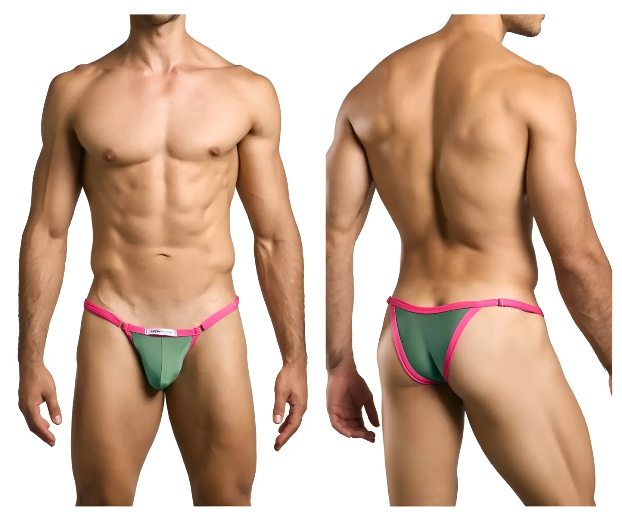 Green and pink thong bikini with small white logo on front band from justin simon xsj12 collection