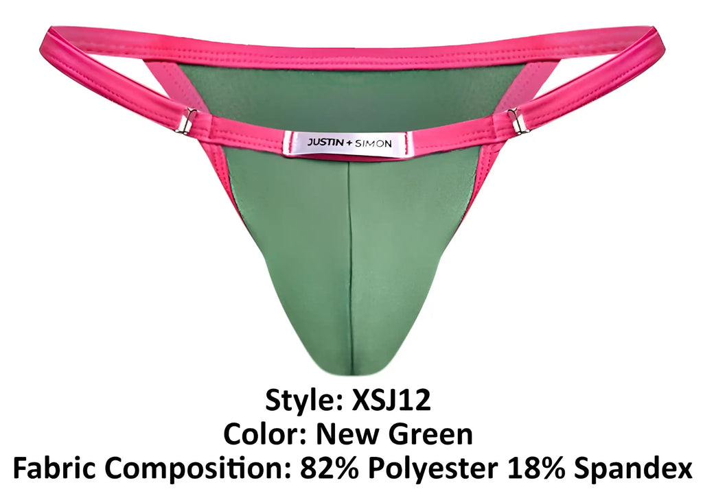 A vibrant pink and green thong from Justin Simon with sleek design and metallic clasps in new green color