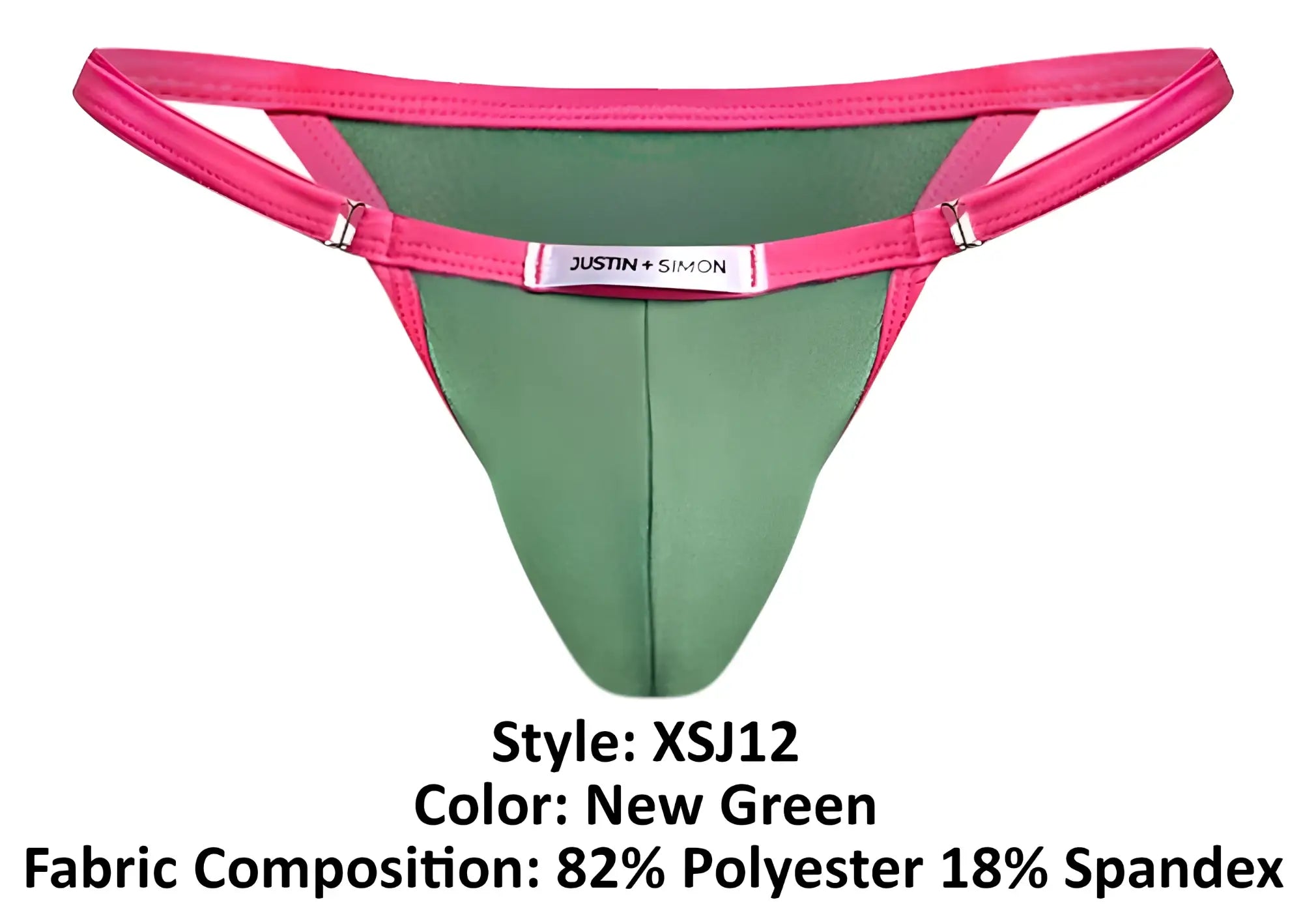 A vibrant pink and green thong from Justin Simon with sleek design and metallic clasps in new green color