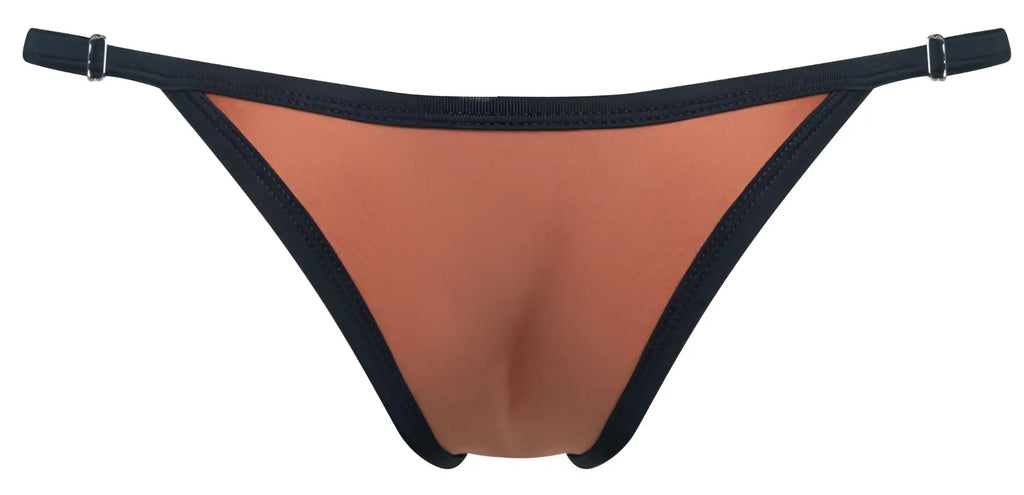 Black and copper-colored justin+simon xsj12 bikini thong in ochre with smooth stretchy fabric finish shown from the back