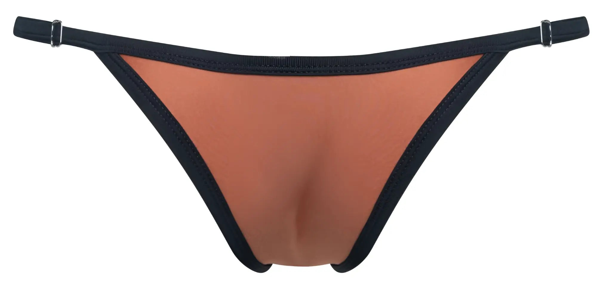Black and copper-colored justin+simon xsj12 bikini thong in ochre with smooth stretchy fabric finish shown from the back