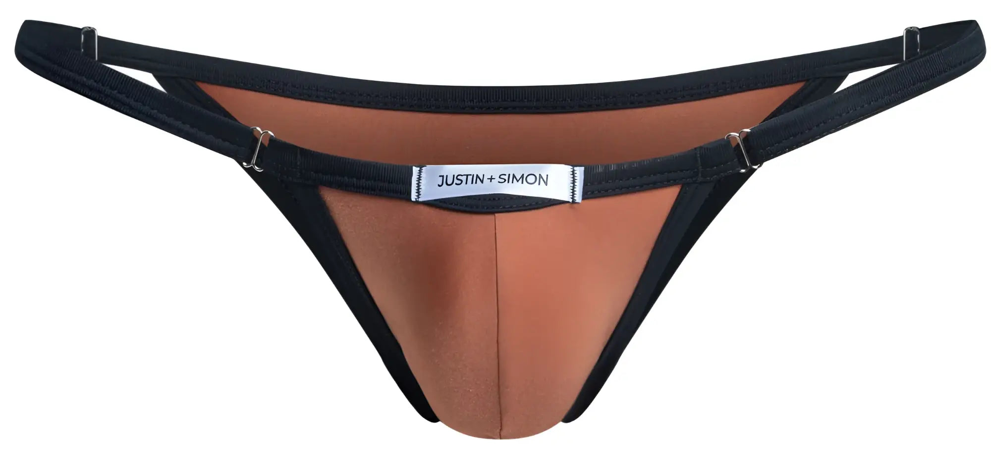 Black and tan ochre bikini thong with a silver justin plus simon label at the center for stylish swimwear use