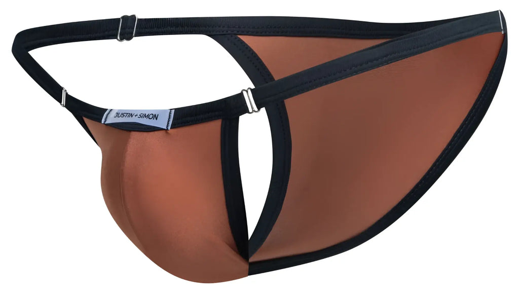 Brown and black justin simon men’s briefs with contoured design in ochre color for comfortable everyday wear
