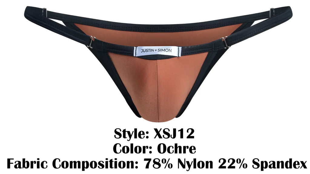 Ochre-colored thong with black trim adjustable straps and justin + simon brand label in justin+simon xsj12 bikini