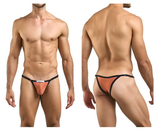 Orange and black Justin Simon XSJ12 bikini thong with small white front label and ochre color accents