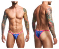 Justin Simon XSJ12 bikini briefs in blue and pink with a decorative pattern perfect for color party wear