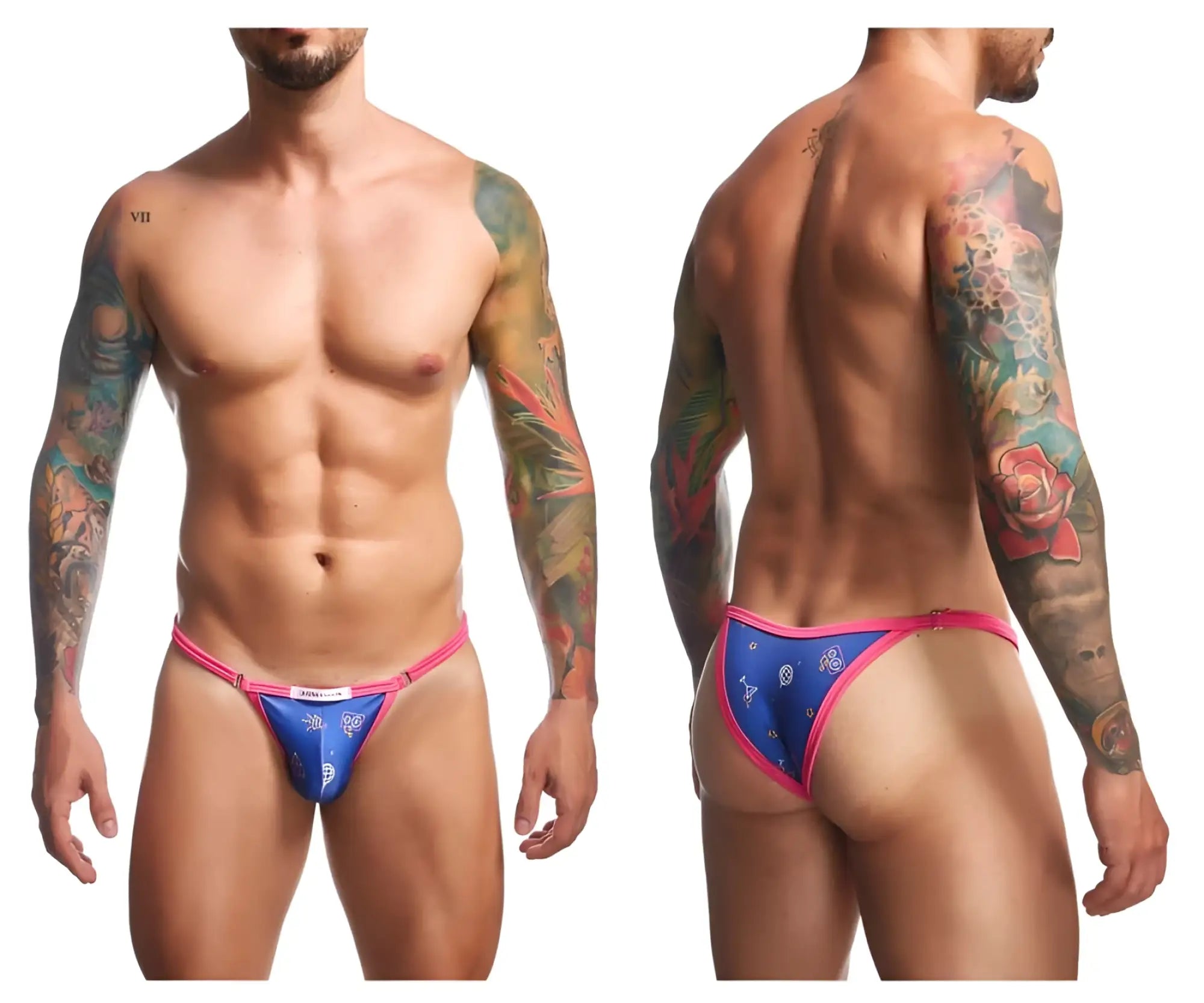 Justin Simon XSJ12 bikini briefs in blue and pink with a decorative pattern perfect for color party wear