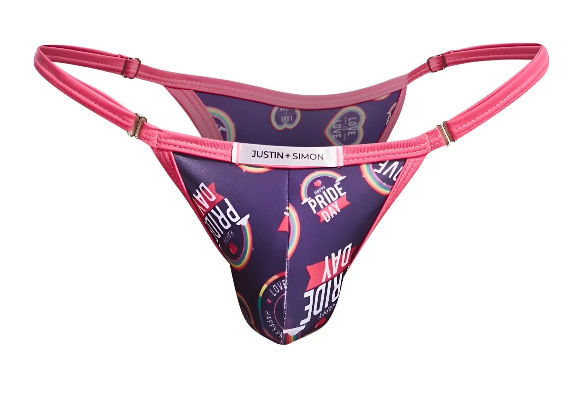 Pink and purple pride day thong bikini with metallic clasps and justin + simon white label visible on the front