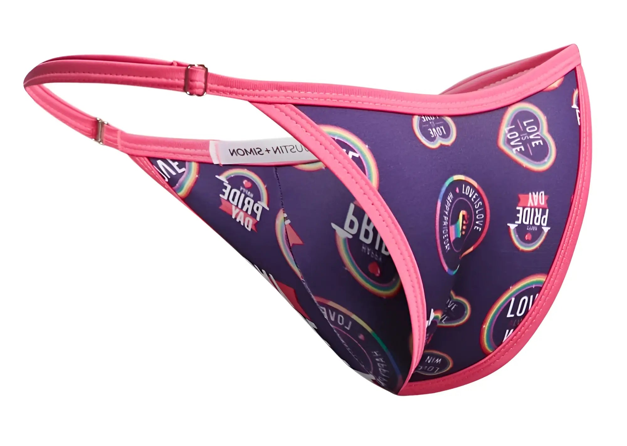 Pink-trimmed purple thong bikini with pride day and rainbow logo pattern from JUSTIN+SIMON XSJ12 collection