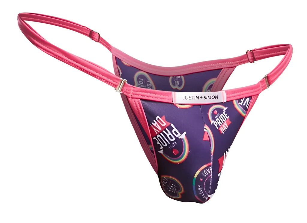 Purple and pink thong bikini with pride day rainbow print and justin simon label from justin simon xsj12 color pride collection