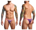 Vibrant pink and purple patterned briefs featuring a bold tropical bird design from justin simon xsj12 bikini color pride collection