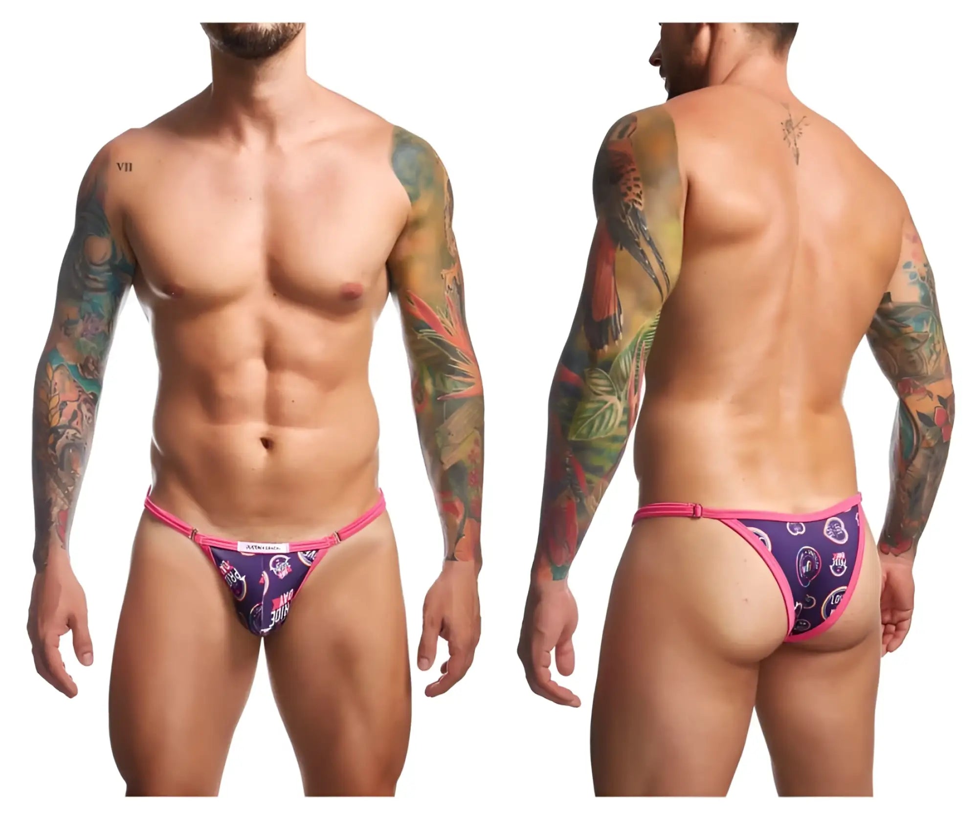 Vibrant pink and purple patterned briefs featuring a bold tropical bird design from justin simon xsj12 bikini color pride collection