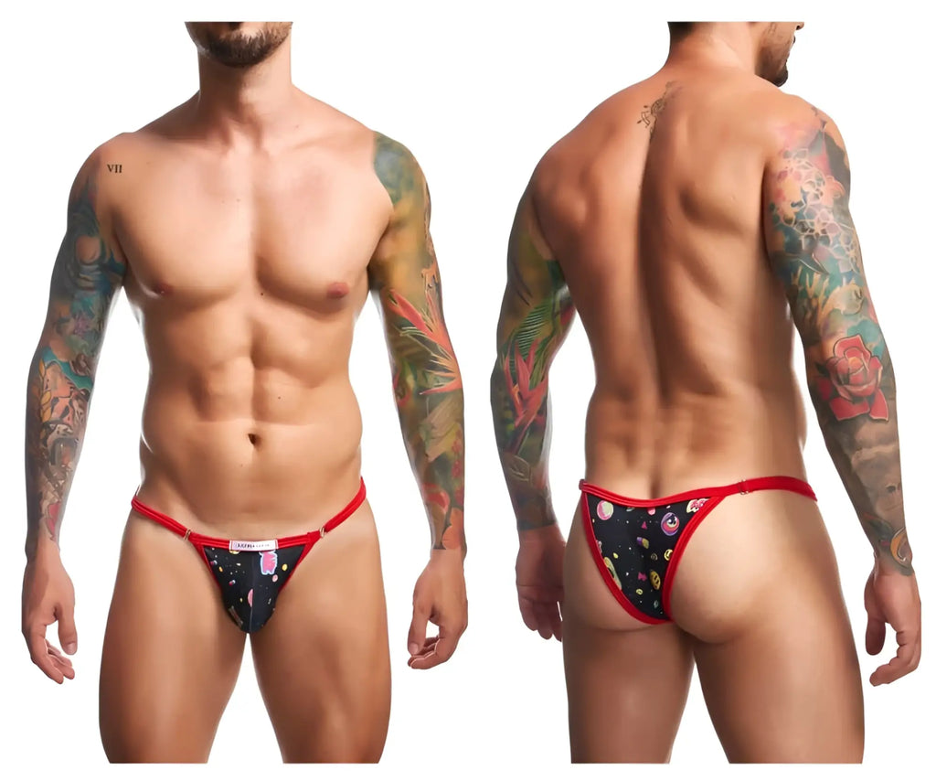 Red-trimmed black patterned men’s thong with colorful floral and fruit motifs from justin+simon xsj12 bikini color psycodelic