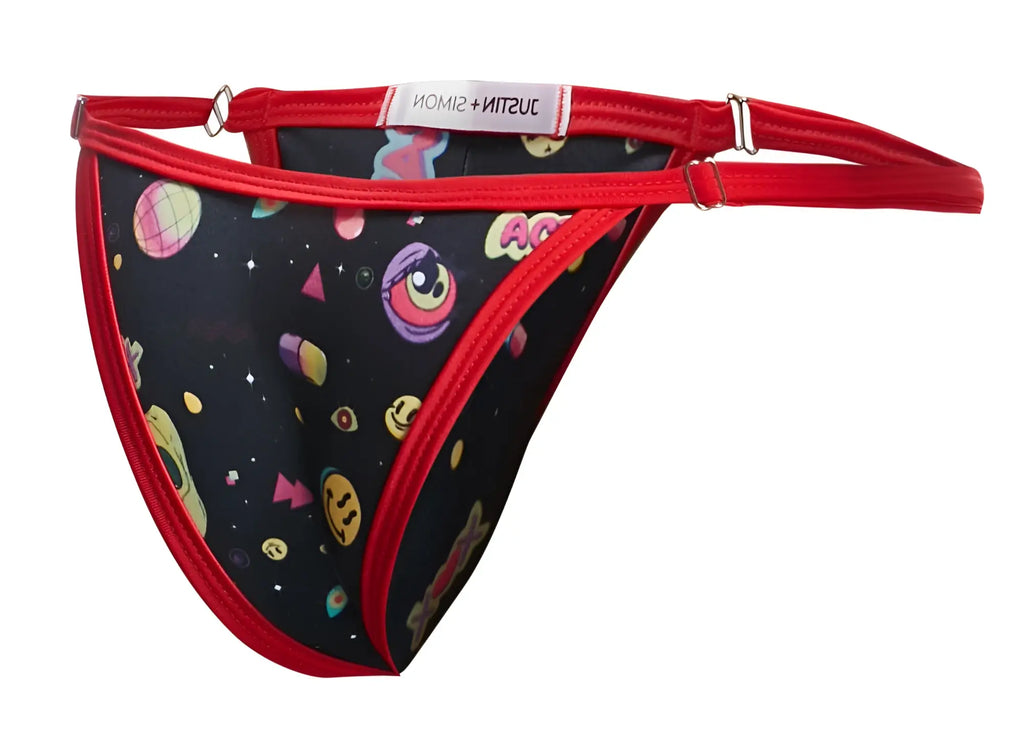 Justin Simon XSJ12 bikini black thong with red trim and playful space-themed print featuring planets eyes and smiley faces