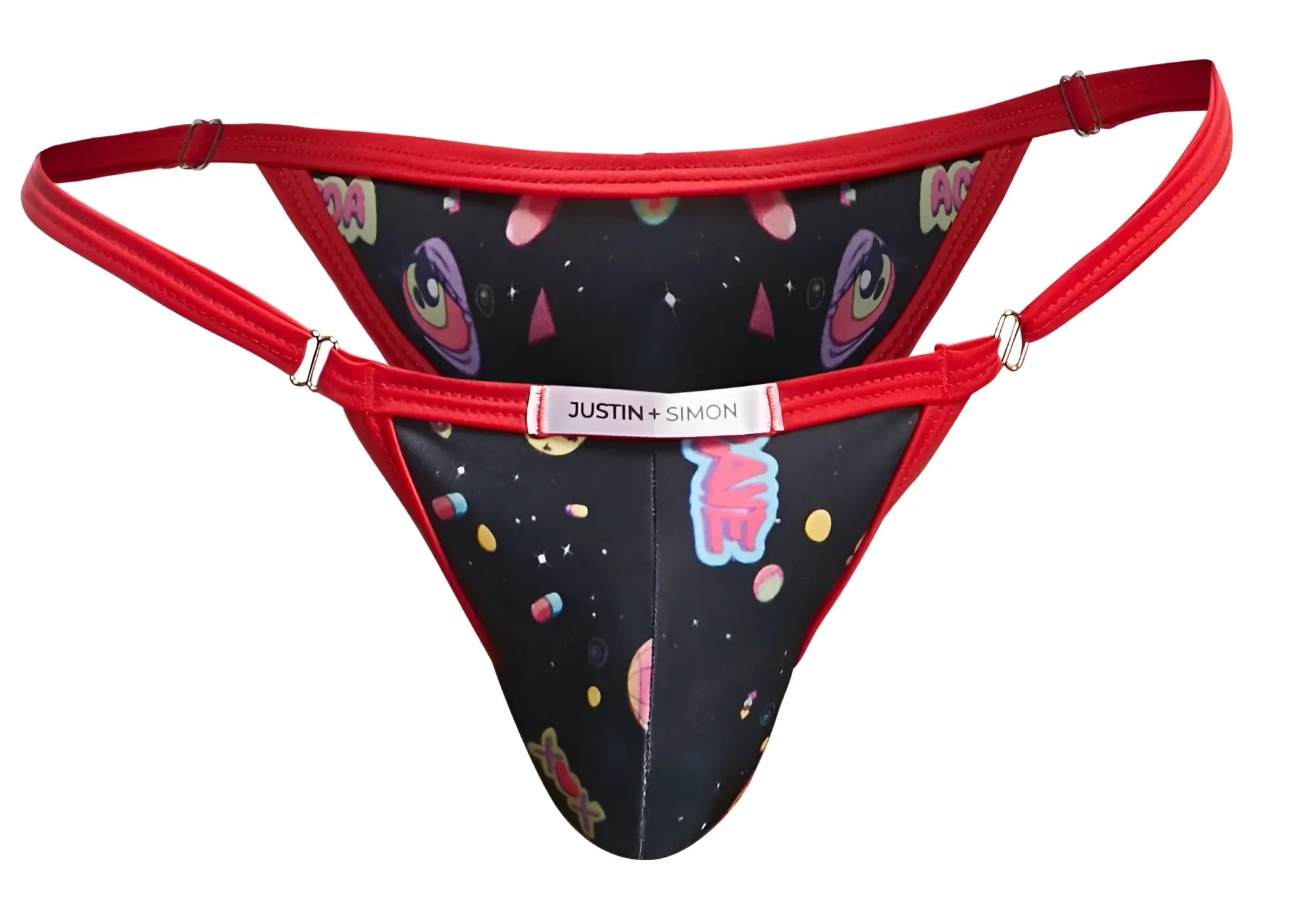 Red trimmed bikini thong with black space print featuring cartoon eyes planets and stars from justin simon