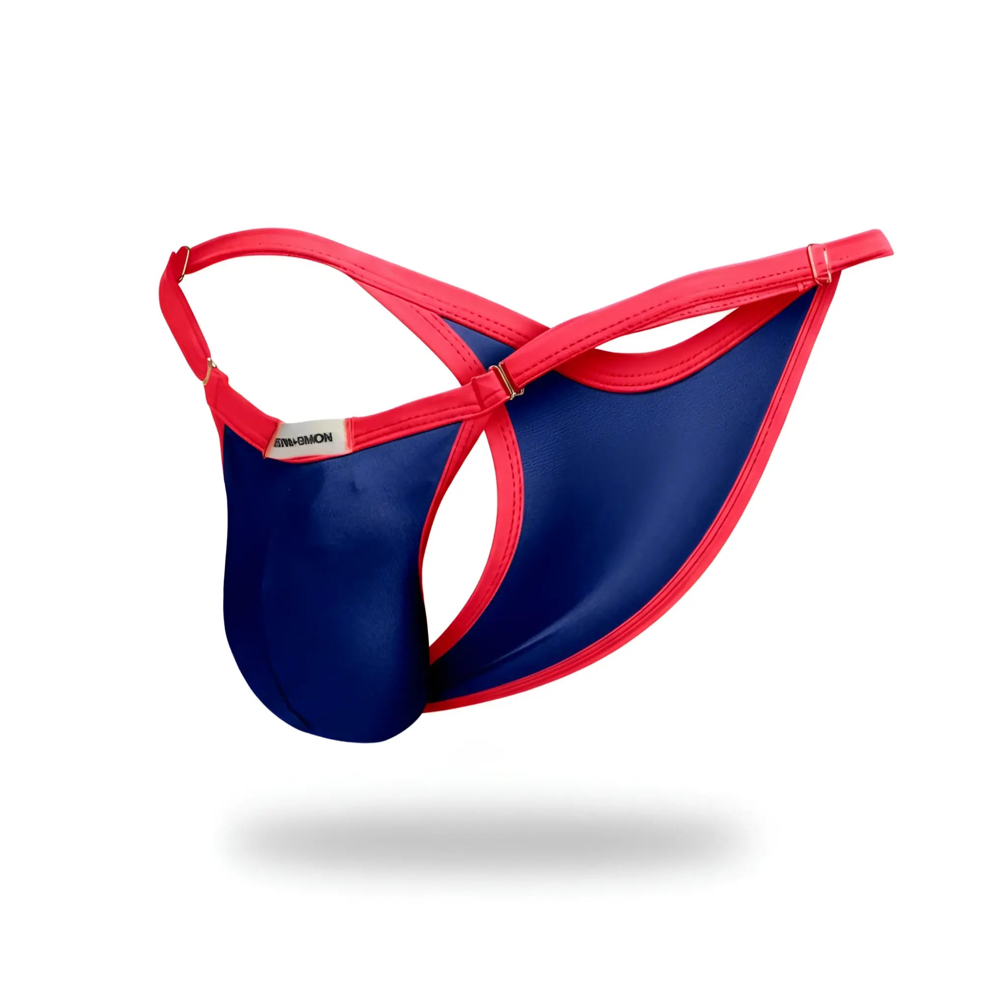 A navy blue and red xsj12 bikini thong by justin simon with shiny smooth fabric finish